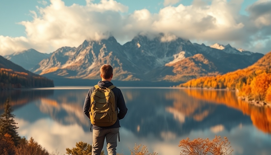 Lone hiker in Wyoming reflecting by tranquil lake amid fall colors.