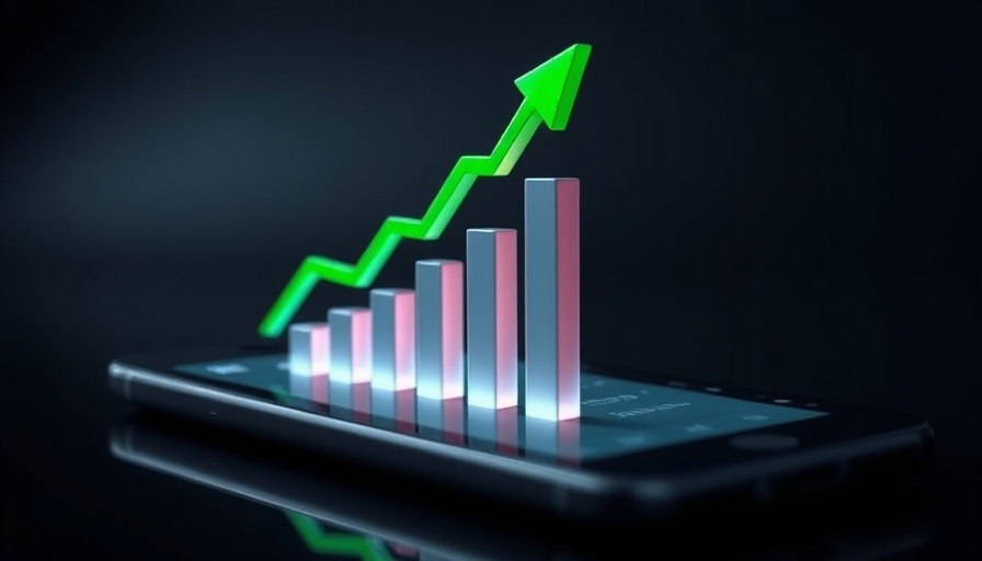 3D graph on smartphone, growth trend, financial app theme.