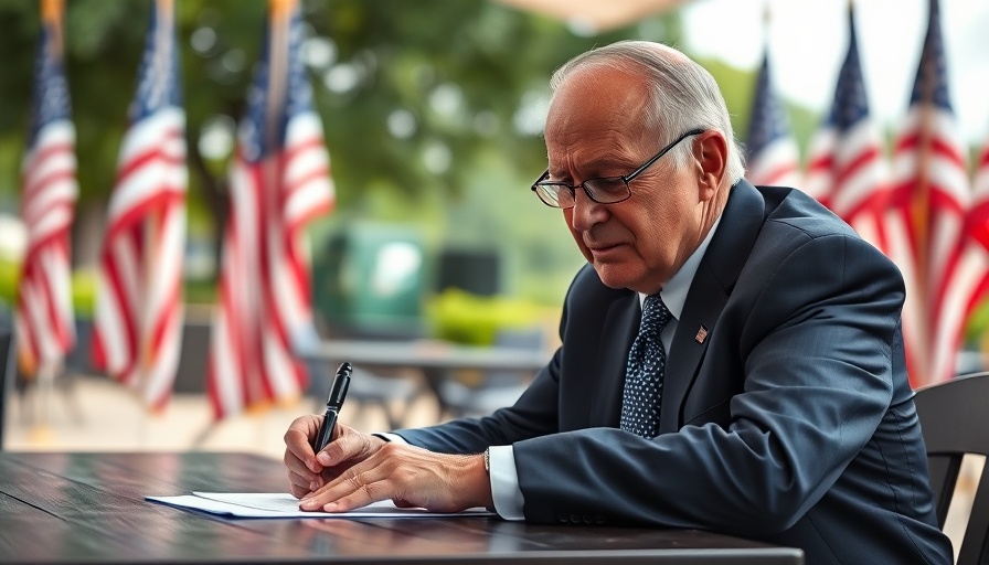 Elderly man writing at table with flags, symbolizing authority.