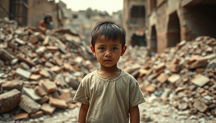 Somber child stands amid Myanmar earthquake rubble, showcasing destruction.