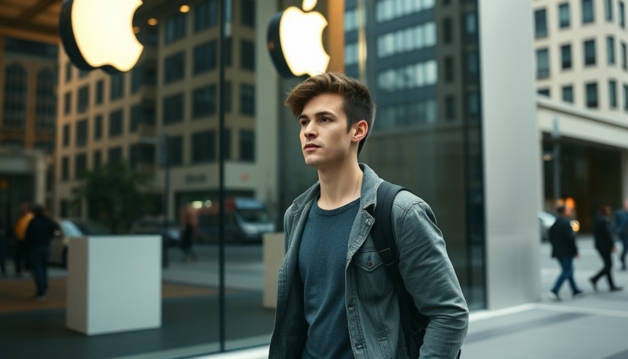 Young man outside an Apple Store; iPhones become $2000 due to tariffs.