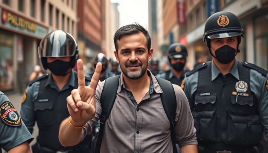 Breaking news about immigrant activism scene with peace gesture.