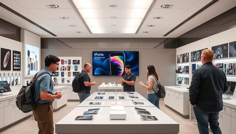 Modern store with iPhone ad, bright interior, employees organizing.