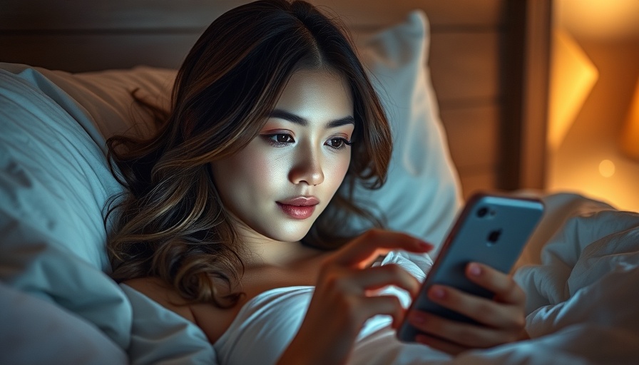 Young woman using phone in bed in dim light, focused.
