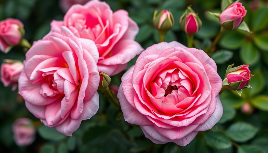 Lush David Austin English Roses in full bloom in garden.