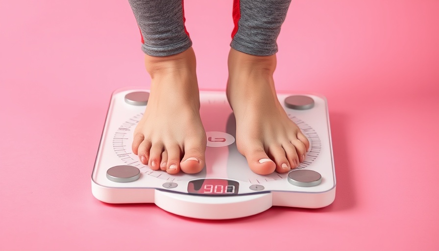 Person weighing in on a scale against a pink background.