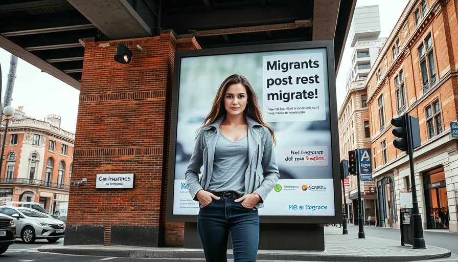 Billboard promoting UK insurance startups for migrants on city street.