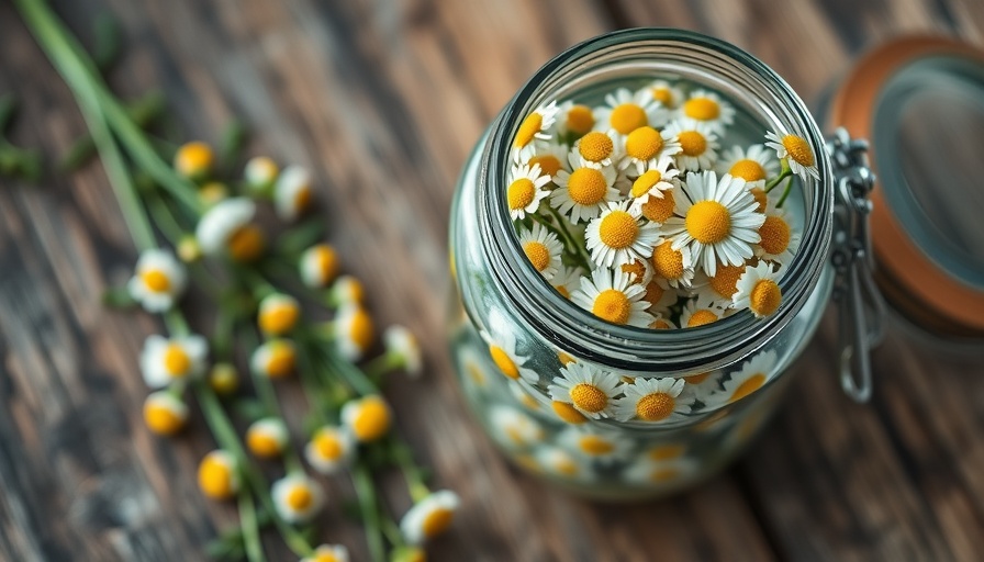 Chamomile flowers in a jar on wooden table, natural lighting.