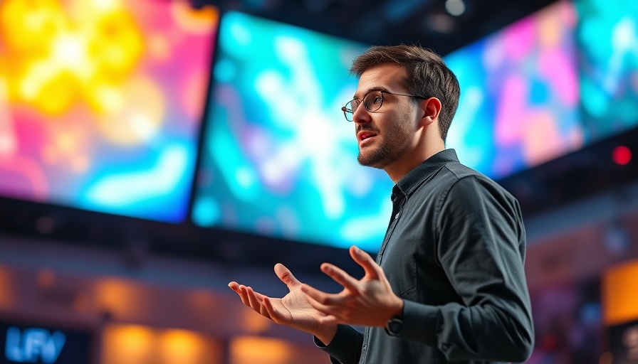 Young man on stage discussing small business startup ideas.