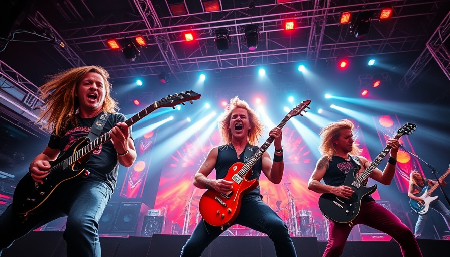Alice Cooper and Judas Priest concert energy with dynamic guitarists.