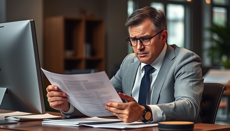 Businessman stressed over Chapter 7 vs Chapter 11 Bankruptcy in office.