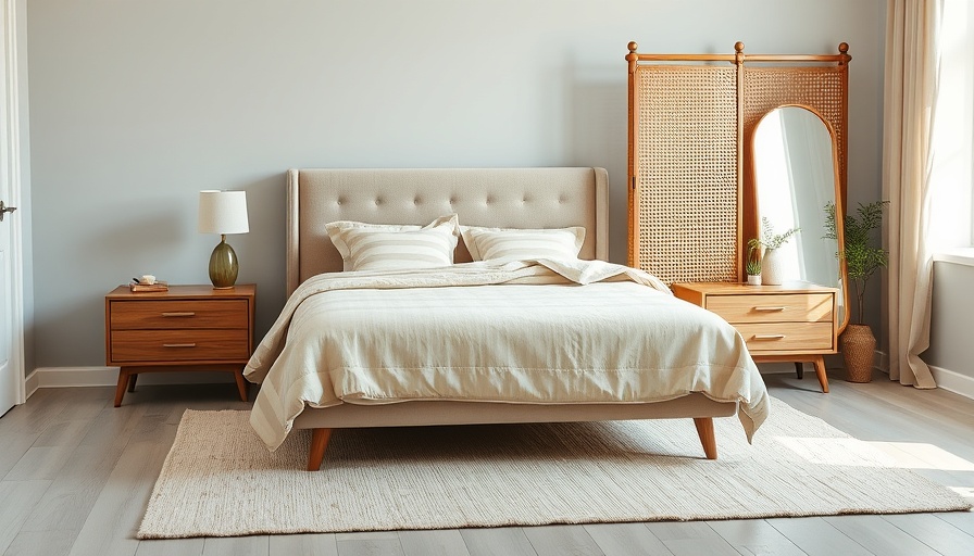 Modern bedroom with stripe patterns in interior design.