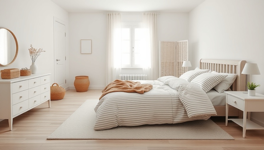 Minimalist bedroom showcasing striped pattern bedding, enhancing home décor.