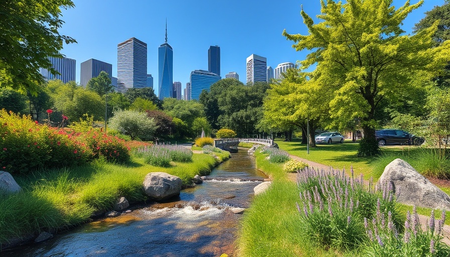 Urban park with stream and cityscape, green space contrast.