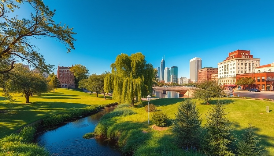 Oklahoma cityscape with park and stream, pros and cons of living in Oklahoma.