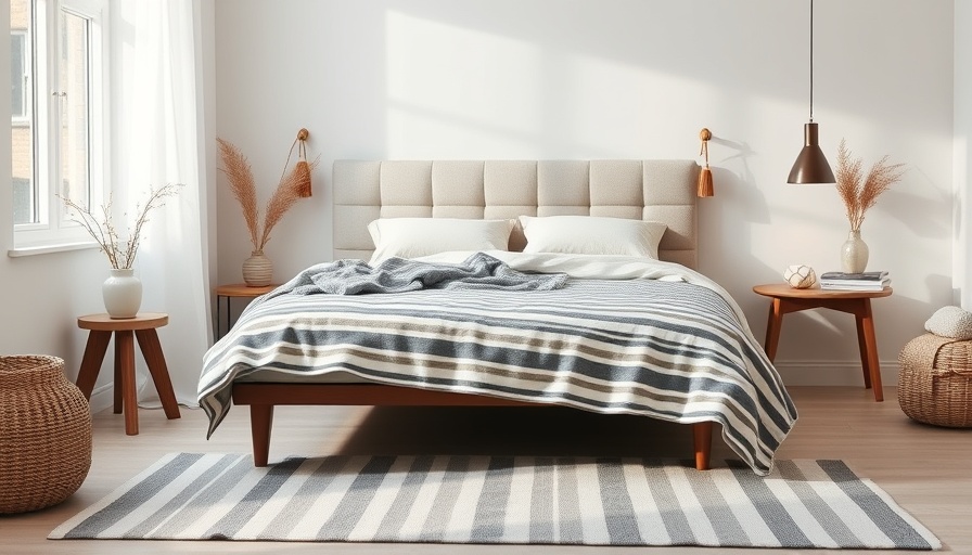 Modern bedroom with striped decor in calming neutral tones.