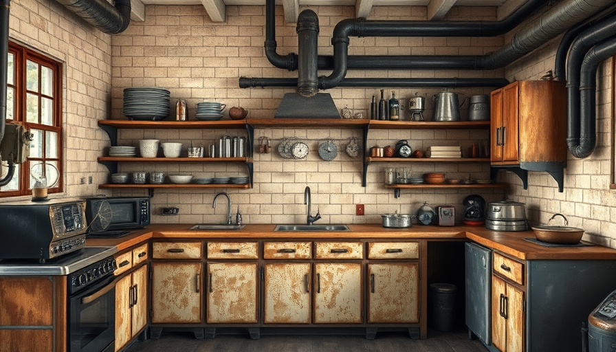 Vintage industrial kitchen with aged cabinets and equipment.