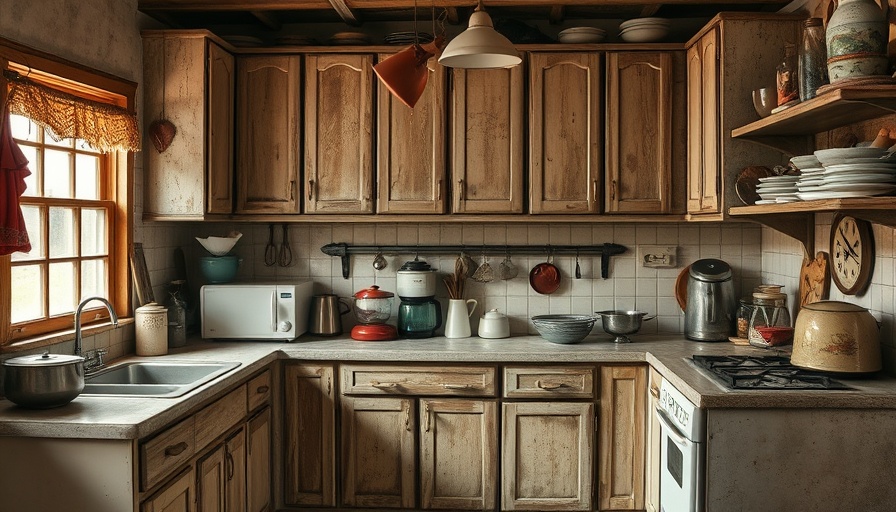 Vintage kitchen with old cabinets, nostalgic atmosphere