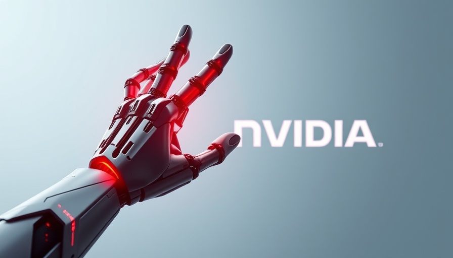 Futuristic robotic hand reaching towards Nvidia logo on screen.