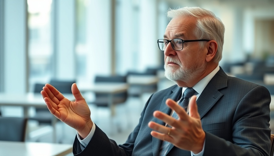 Elderly man gesturing in office setting, discussing trade war challenges.