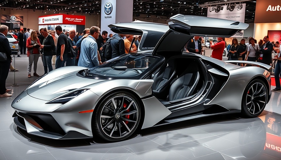 Futuristic silver sports car with gullwing doors open at auto show.