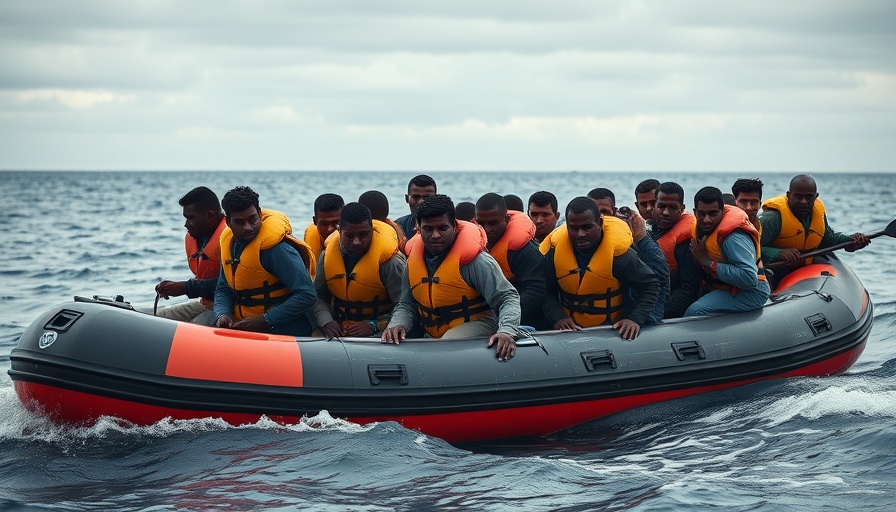 Group of migrants on crowded boat navigating waters, highlighting UK France migrant returns.