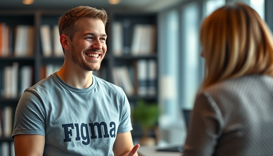 Young man in Figma t-shirt smiling during a discussion in an office.