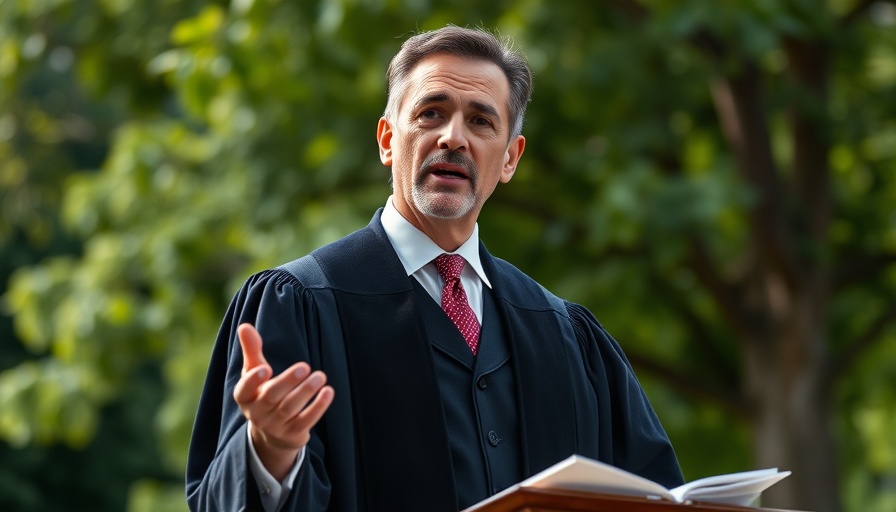 Distinguished academic delivers speech outdoors against lush backdrop.