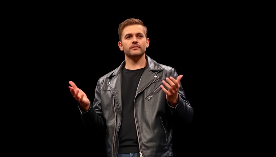 Confident man presenting tech device, symbol of AI policy and Nvidia investment.