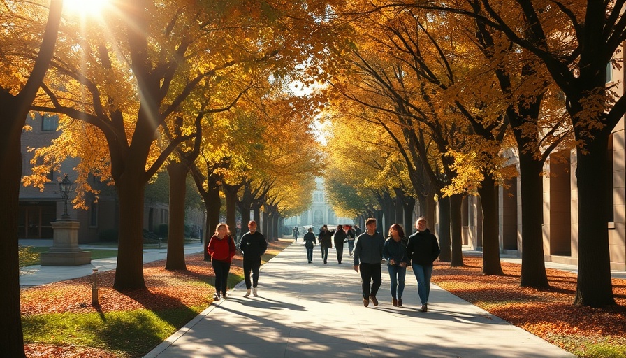 Students walking on a university campus path in autumn, capturing vibrant educational environment.
