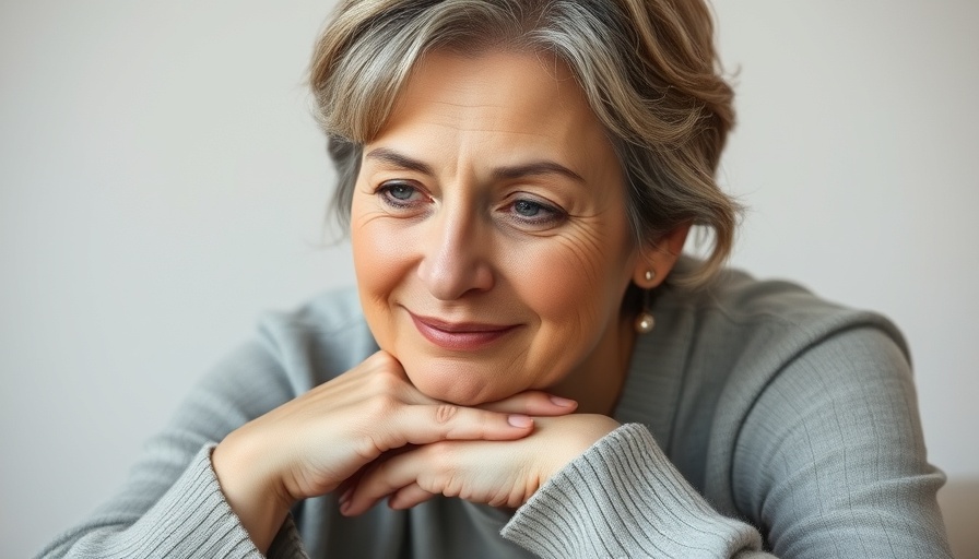 Thoughtful woman smiling, reflecting peacefully against a neutral backdrop.