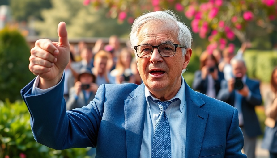 Confident older man giving thumbs-up outdoors amidst a crowd.