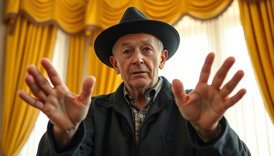 Person gesturing indoors with yellow curtains and window in background.