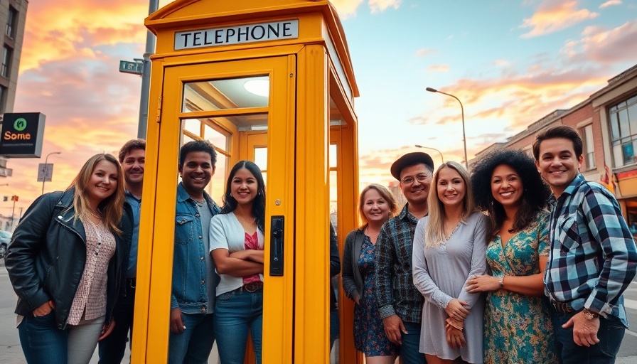 Group in yellow phone booth with sunset, AI voice agents concept
