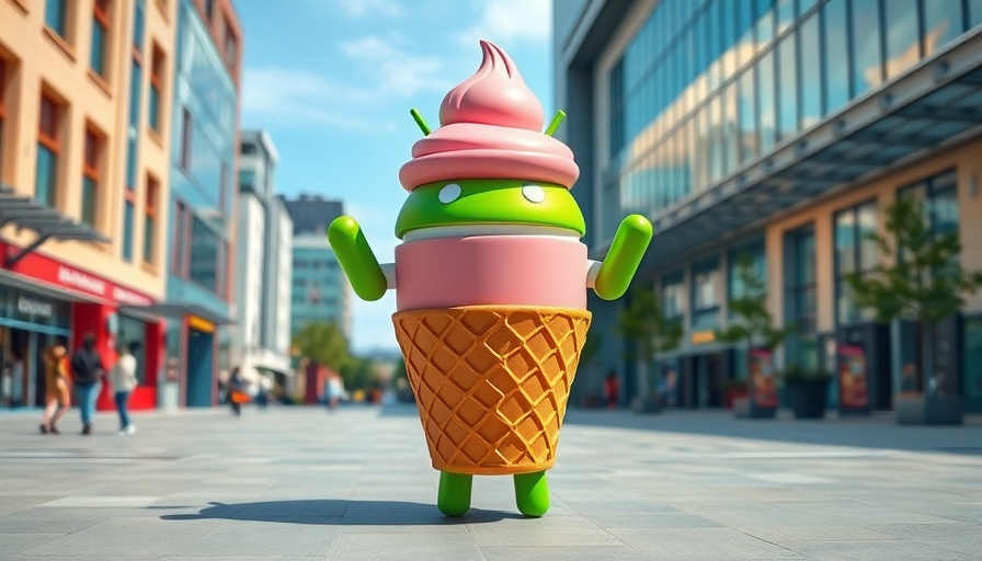 Colorful Android mascot resembling ice cream cone, outdoor setting.