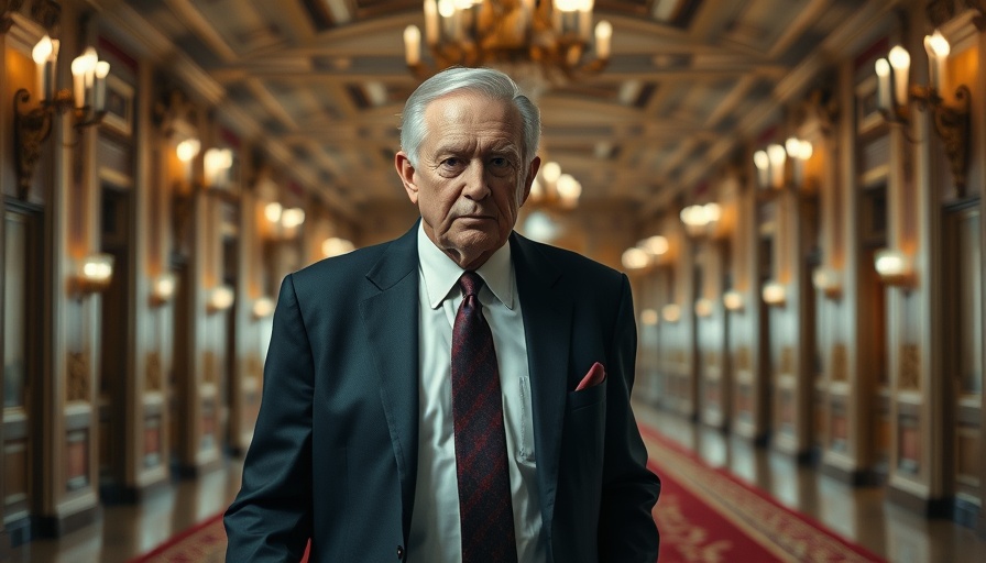 Older man walking purposefully in a grand hallway with chandeliers.