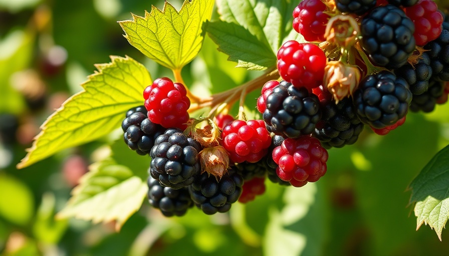 Vibrant blackberries with green leaves in sunlight.