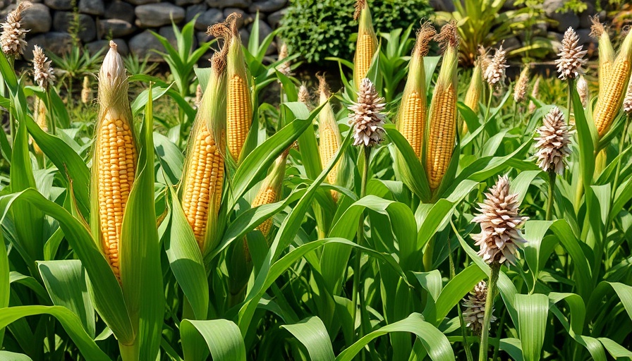 Lush garden showcasing companion planting with corn.