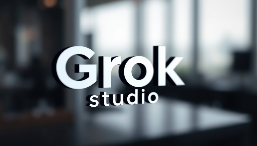 Sleek Grok Studio logo with blurred abstract background.