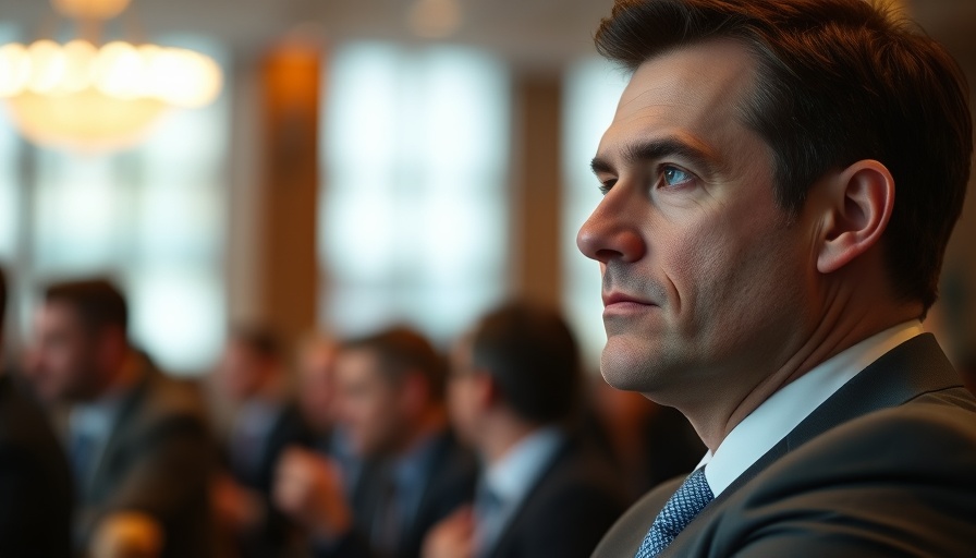 Businessman attending a conference, focused expression.