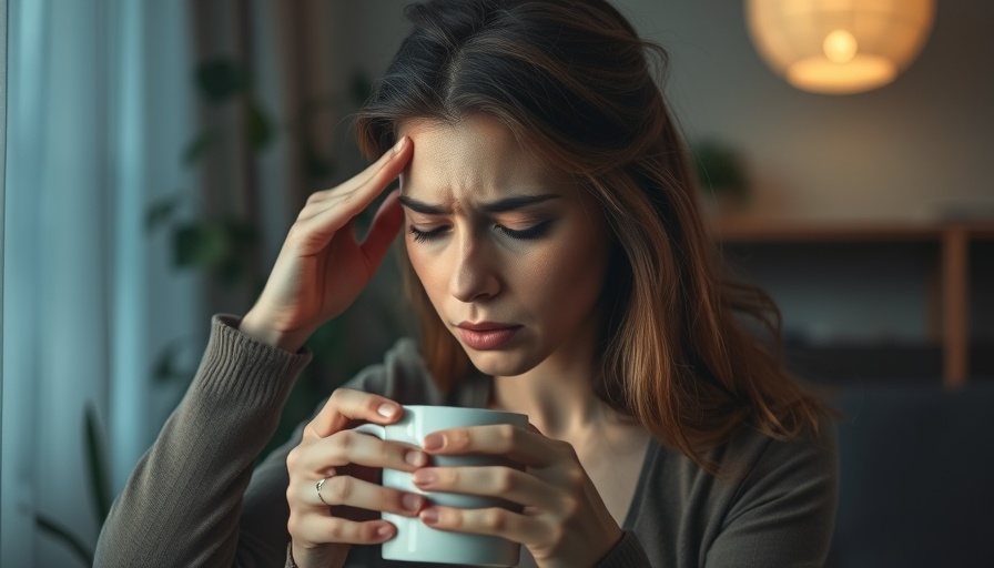 Stressed woman considering probiotics for mood enhancement.
