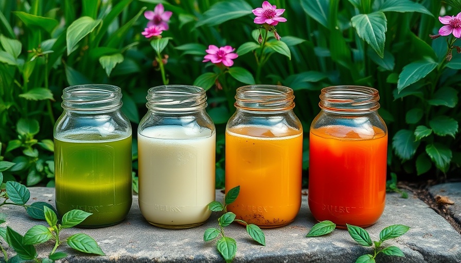 Glass jars of organic fertilizer in a garden setting.