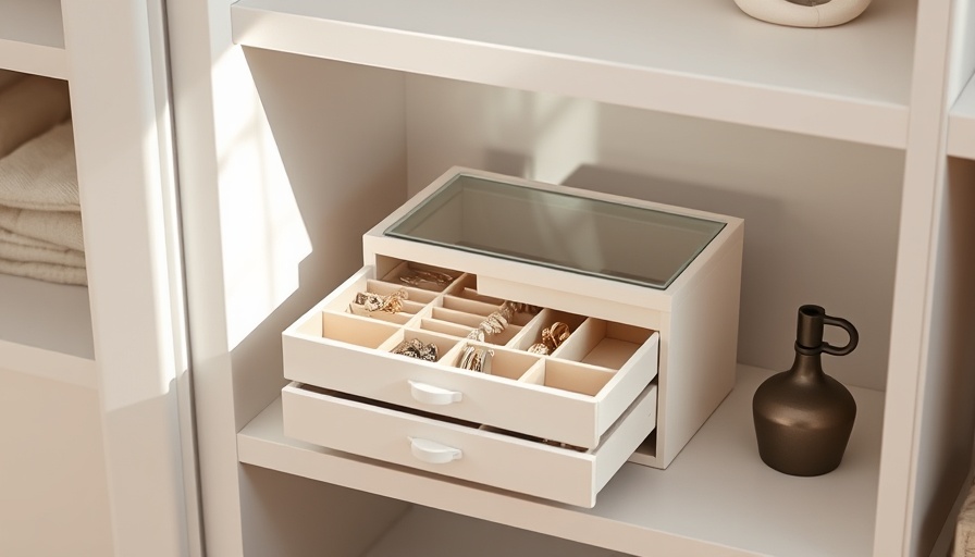 DIY Jewelry Organizer: Modern white wooden design with glass top in shelving unit.