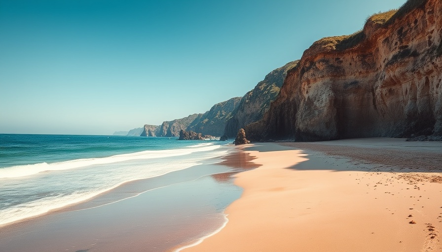 Serene Santa Barbara beach with cliffs, soft waves, clear sky.