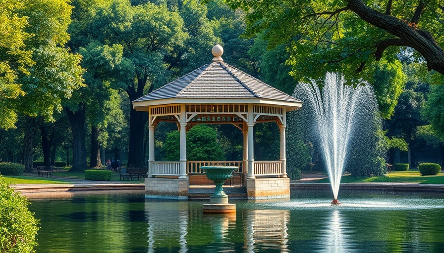 Serene park gazebo near fountain, lush setting