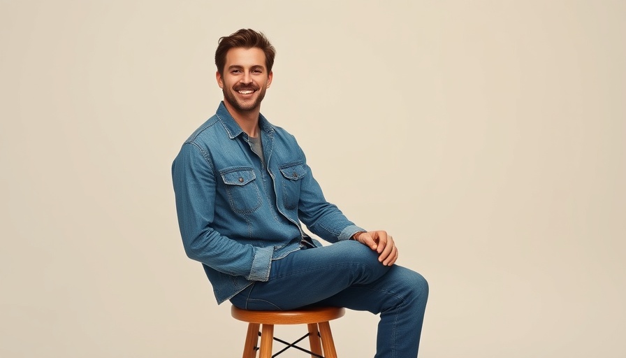 Smiling man in denim embodies fintech maximalism in a minimalist setting.