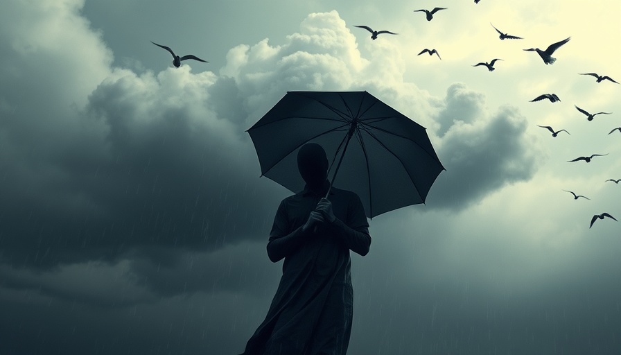 Surreal image of a headless figure holding an umbrella under a cloud.