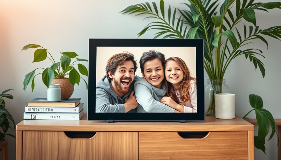 Modern digital photo frame displaying family photo on cabinet.