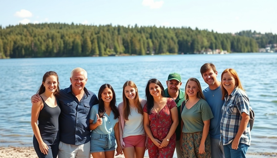 Group of people at lakeside, smiling for AI video editor for brands.