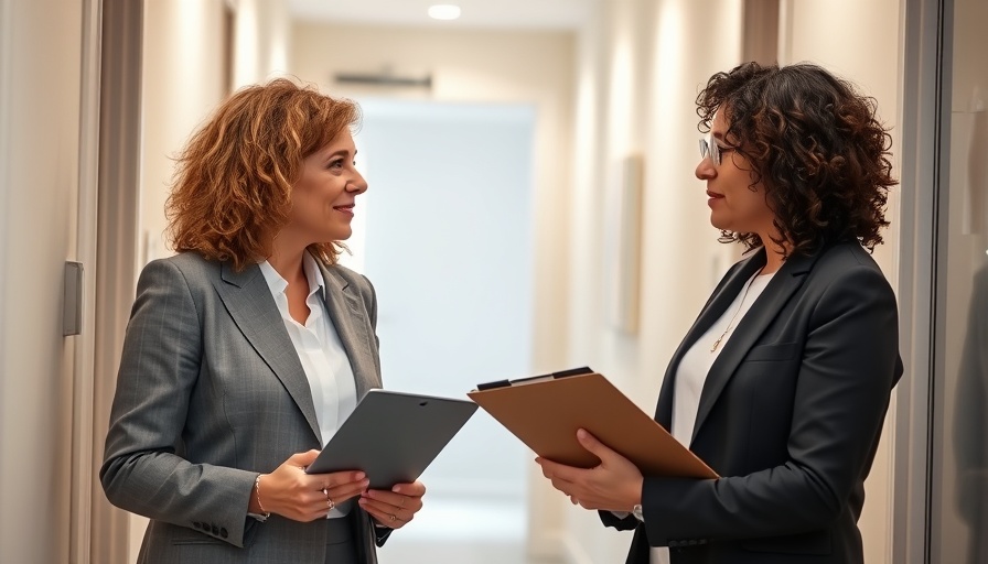 Curly-haired woman interacting with utility professional at doorway.